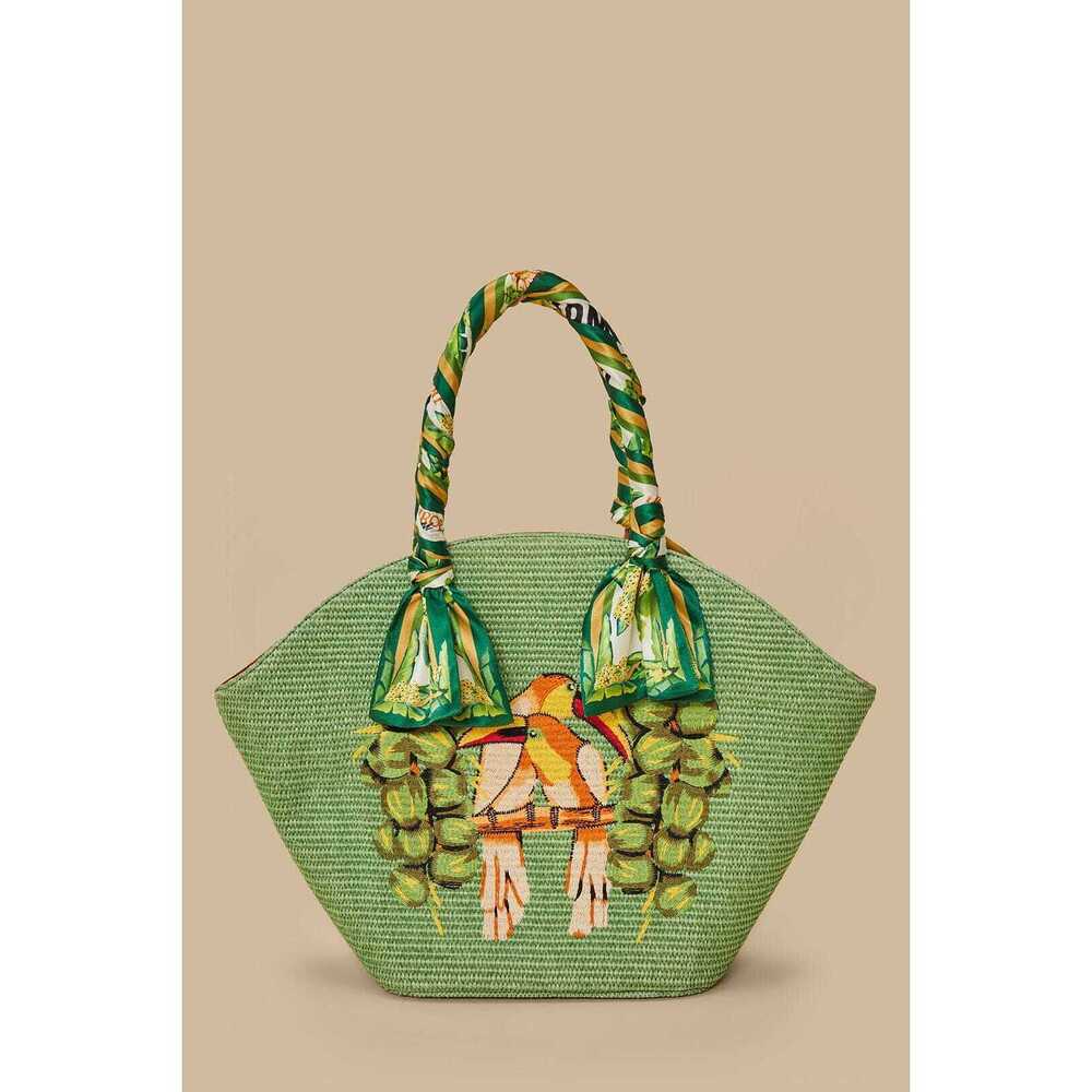 Green Coconut Toucan Raffia Shell Tote